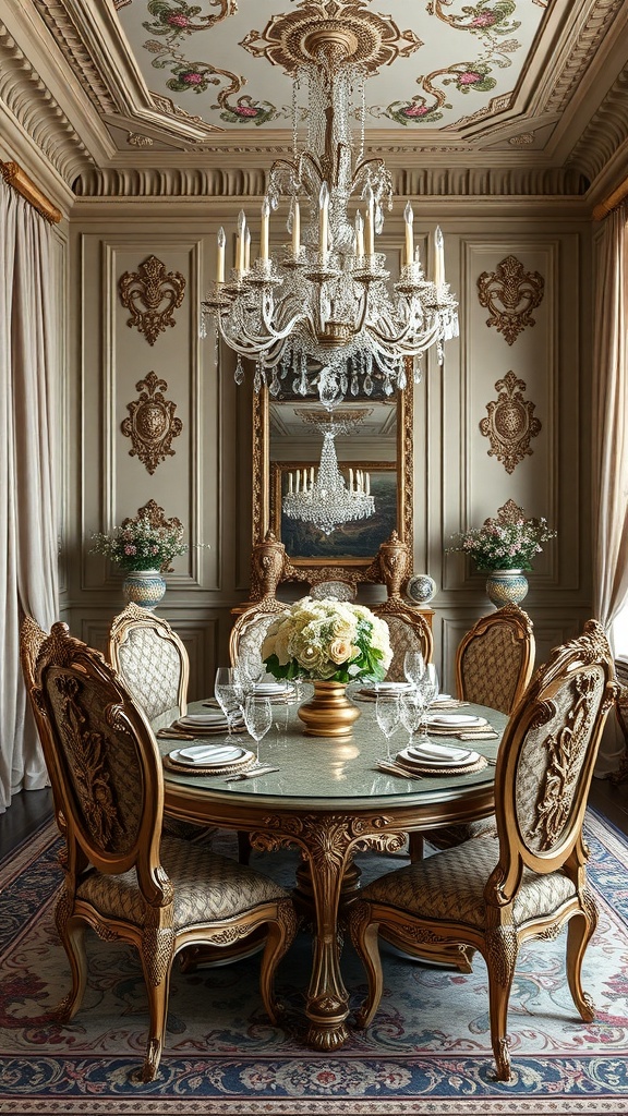 A luxurious Rococo-style dining room featuring an ornate chandelier, round glass table, and intricately designed chairs.