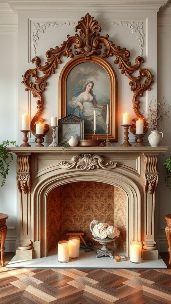 A beautifully designed Rococo-style fireplace with ornate details and candles.