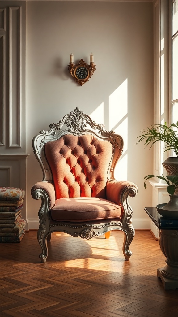 A vintage Rococo-style armchair with tufted upholstery and a silver frame, placed in a well-lit room.