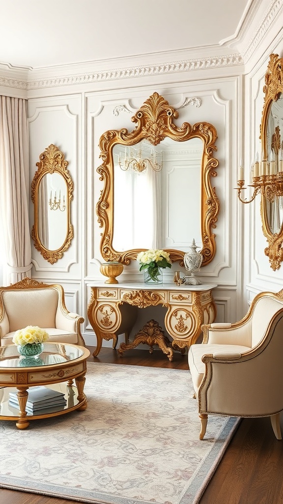 A luxurious Rococo-style living room featuring ornate mirrors, elegant furniture, and a soft color palette.