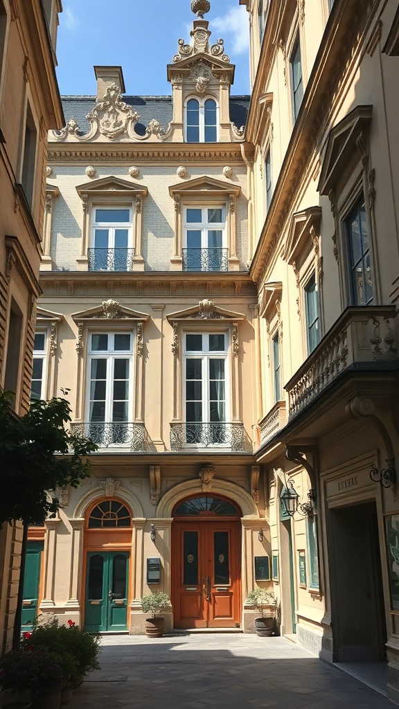 A beautiful Rococo-style building with intricate architectural details, featuring balconies, decorative moldings, and warm colors.