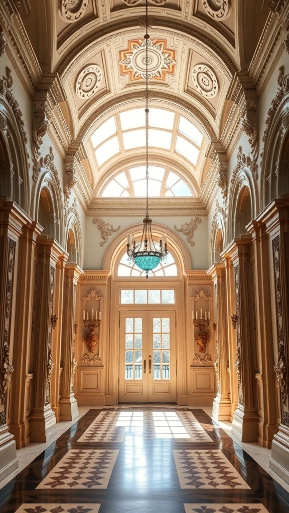 A grand Rococo-style entryway with a chandelier, ornate ceiling, and elegant decor.