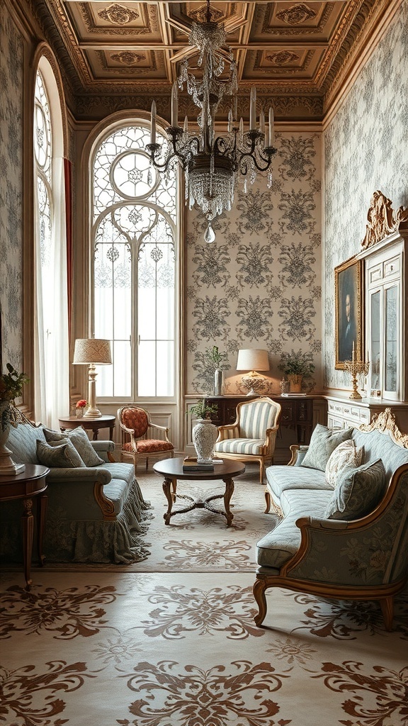 A beautifully designed Rococo-style room featuring elegant furniture, intricate textiles, and a stunning chandelier.