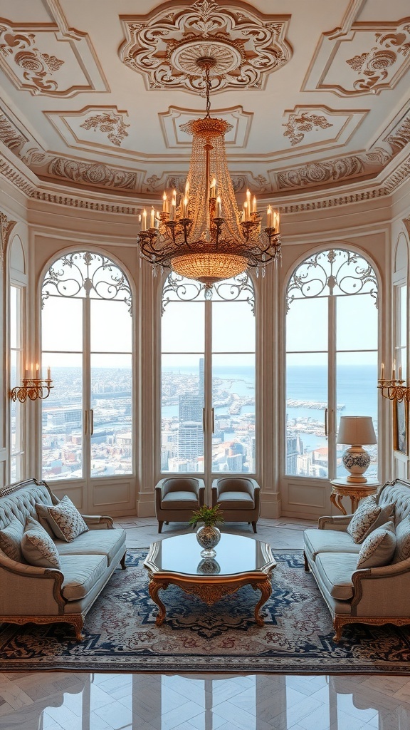 Ein luxuriöses Rococo-Wohnzimmer mit einem prächtigen Kronleuchter und großen Fenstern, die einen Blick auf die Stadt bieten.