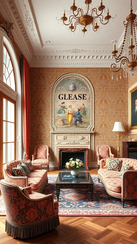 A beautifully decorated Rococo room with colorful accent walls, elegant furniture, and ornate chandelier.