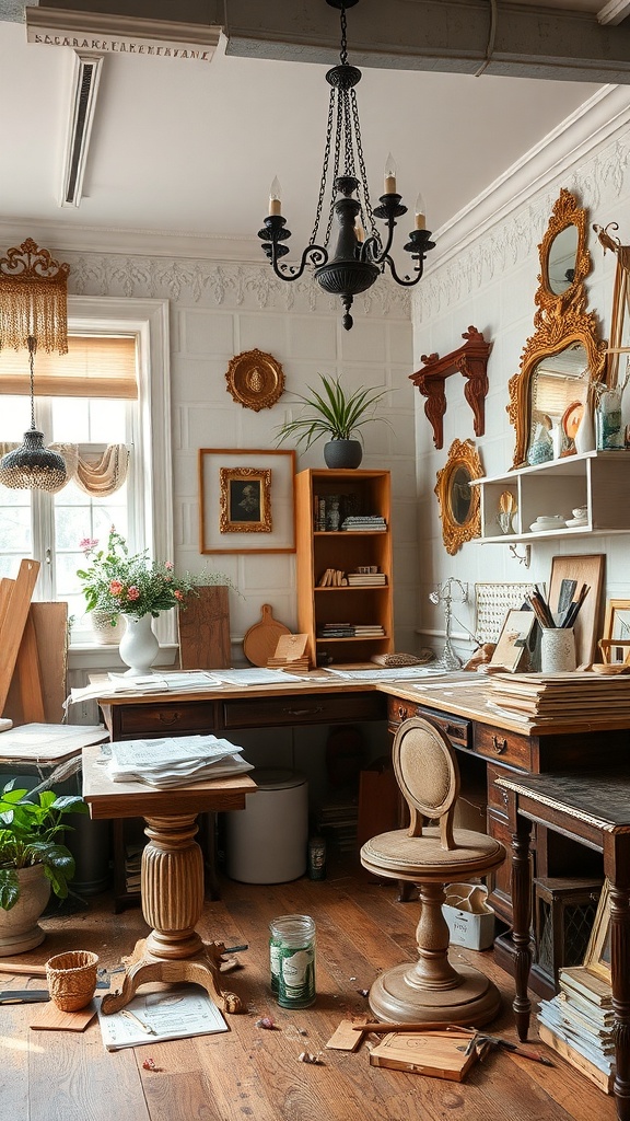 A cozy workspace with vintage decor elements, including a chandelier, wooden furniture, and crafting materials.