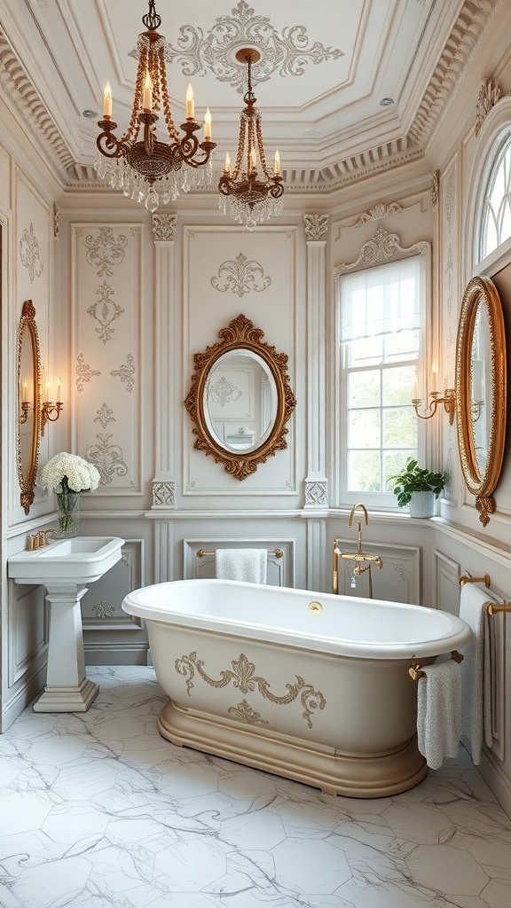 A luxurious bathroom featuring Rococo decor with ornate mirrors, elegant chandeliers, and a stylish bathtub.