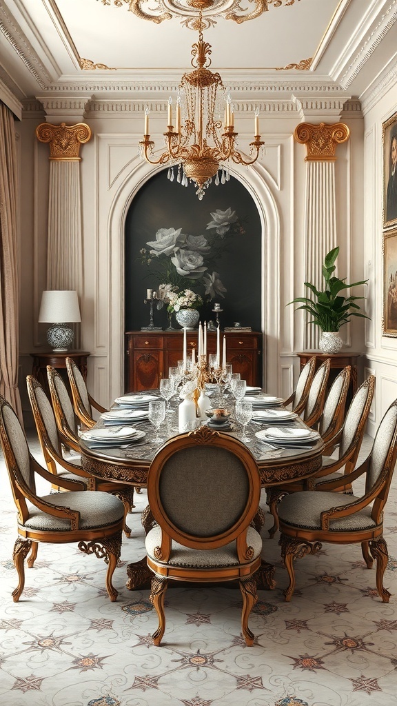 A luxurious Rococo dining room featuring a round table, elegant chairs, a grand chandelier, and intricate wall details.