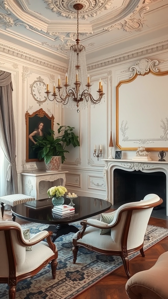 A beautifully designed Rococo interior featuring ornate gold mirrors, elegant furniture, and intricate details.