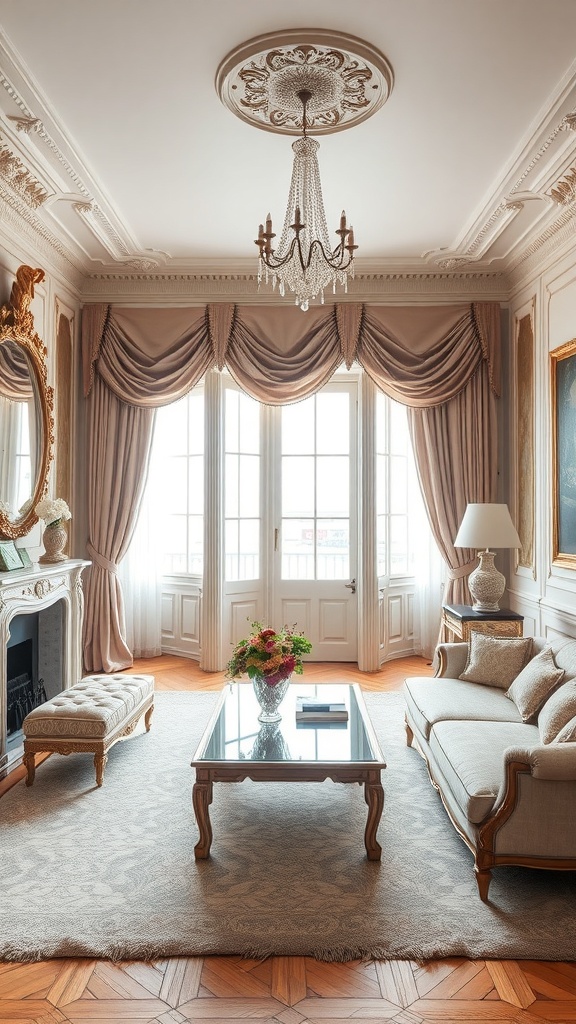 Elegant living room featuring Rococo elements with a chandelier, draped windows, and classic furniture.