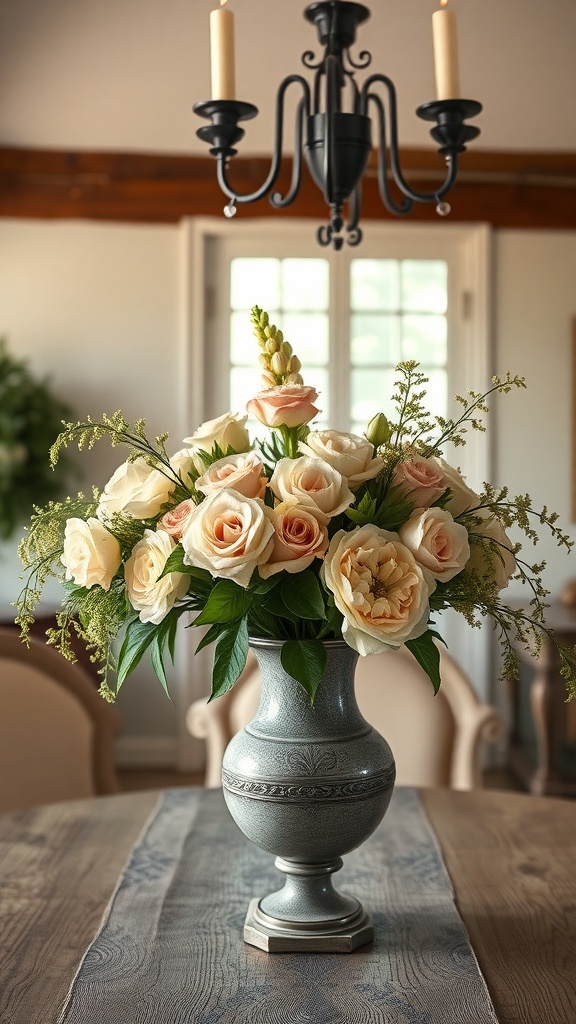 A beautiful floral arrangement featuring soft pastel roses and greenery in an ornate vase.