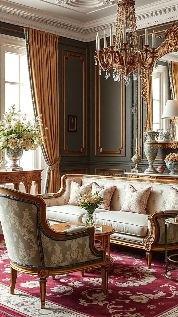 Elegant Rococo-style living room with ornate furniture and chandelier