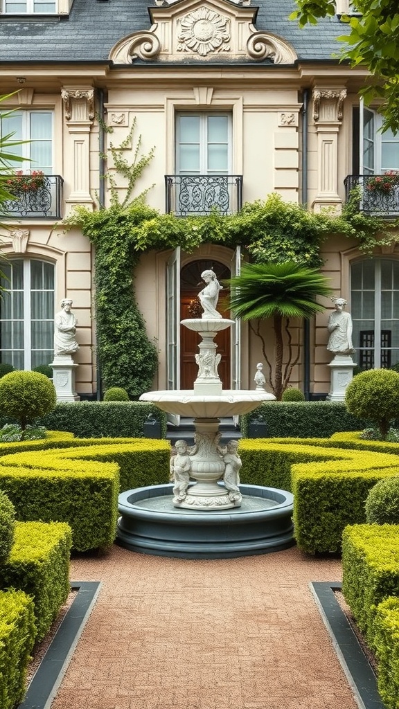 A Rococo-style garden featuring a fountain, trimmed hedges, and statues.
