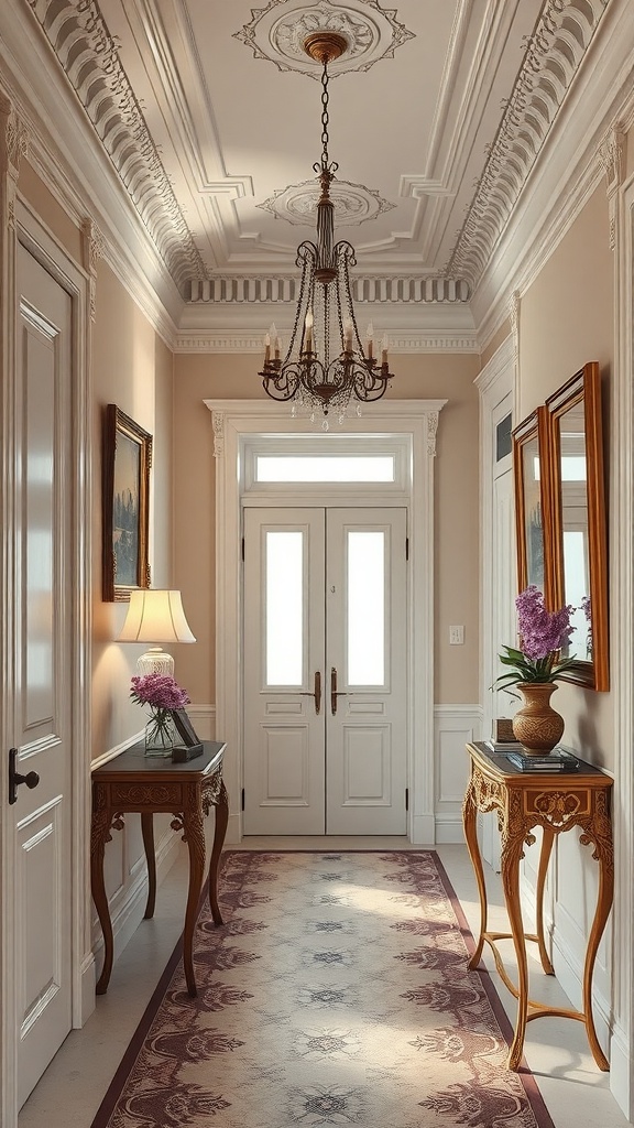 A beautifully decorated Rococo-style hallway featuring ornate ceiling moldings, a chandelier, and elegant furniture.