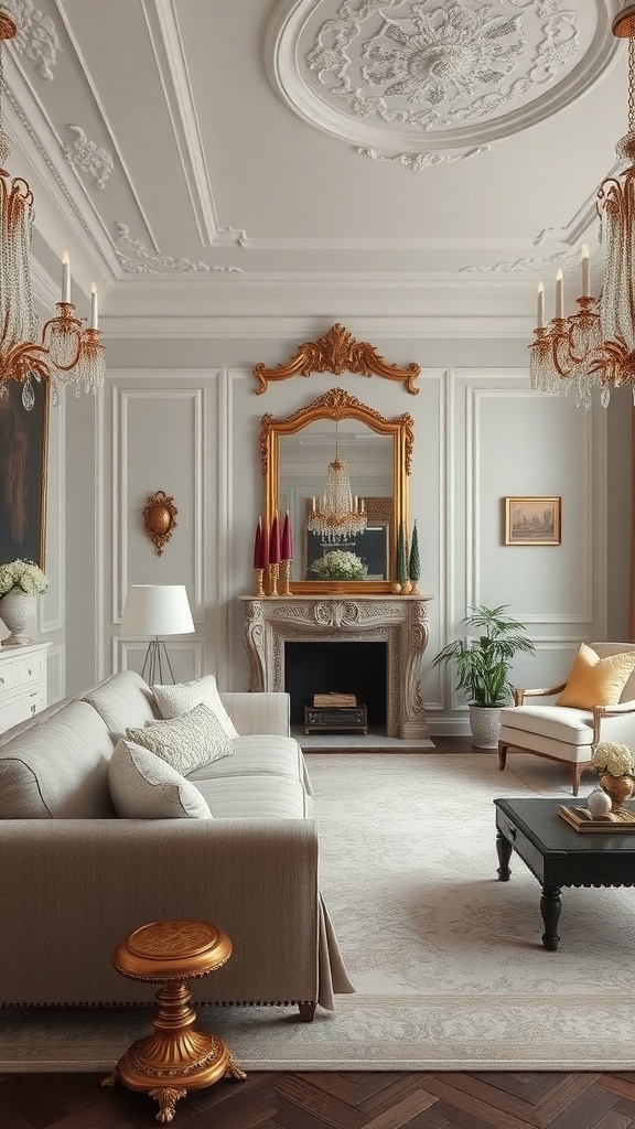 Luxurious Rococo style living room with ornate ceiling, chandelier, and elegant furniture.