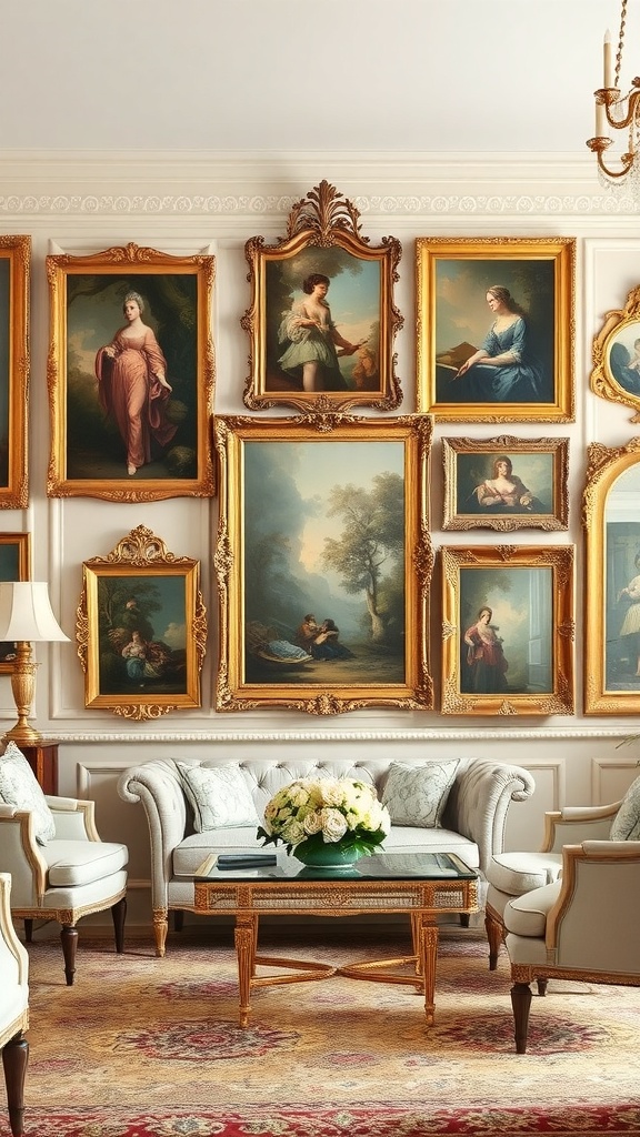 A collection of Rococo inspired portraits in ornate frames on a wall.