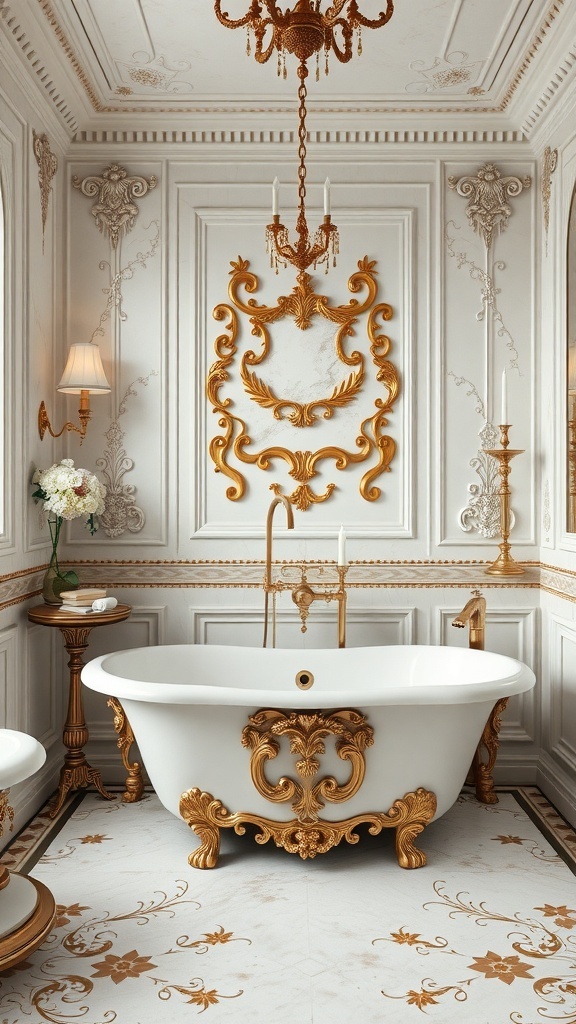 A luxurious Rococo inspired bathroom featuring a freestanding tub with gold accents, ornate wall decorations, and a chandelier.