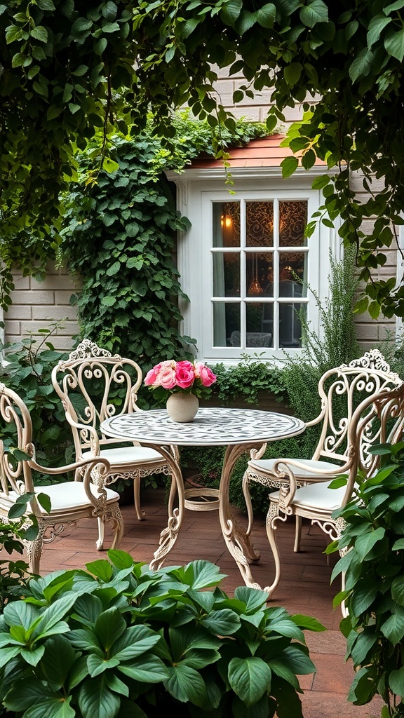 A Rococo inspired garden furniture set with a round table and ornate chairs surrounded by greenery.