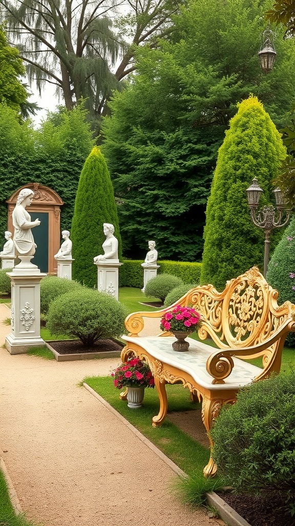 A Rococo inspired garden featuring ornate golden furniture, sculptures, and lush greenery.