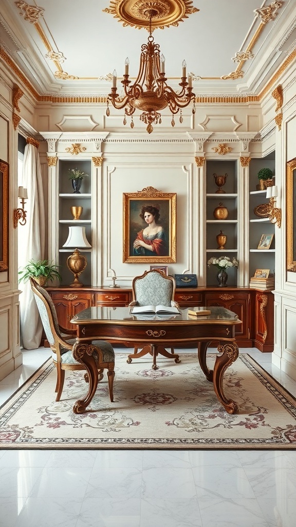 A luxurious Rococo-inspired home office featuring ornate ceiling, elegant chandelier, rich wooden furniture, and decorative shelves.