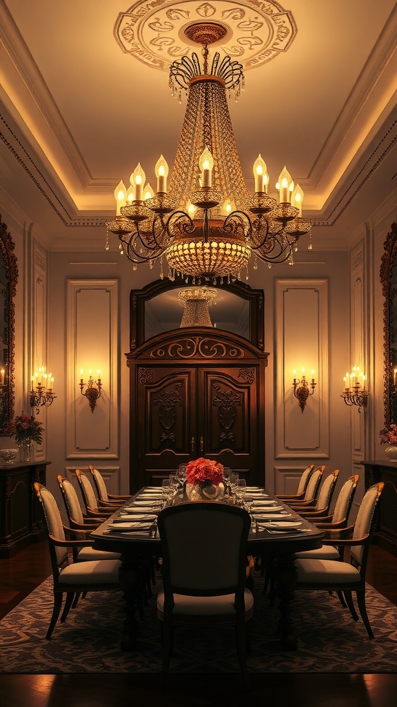 A luxurious dining room featuring a grand chandelier and elegant decor, embodying Rococo style.