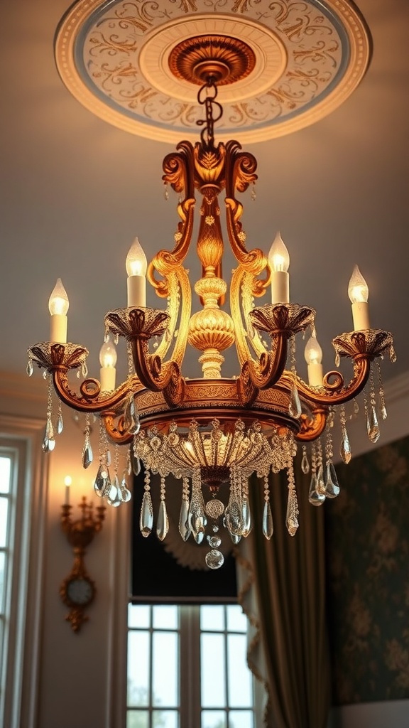 A luxurious Rococo chandelier with gold detailing and crystals, set against a beautifully decorated ceiling.