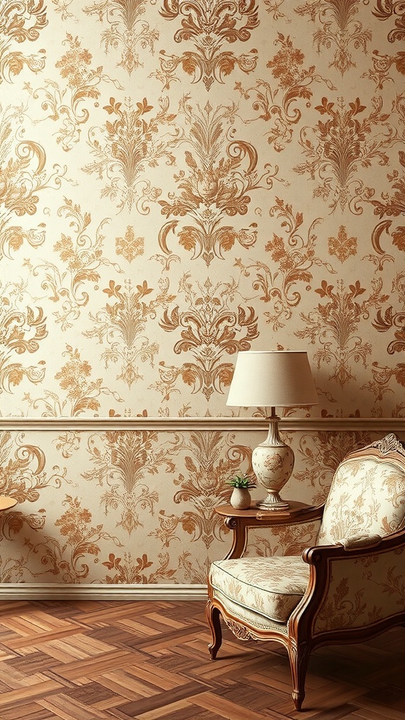 A room with Rococo patterned wallpaper in beige and gold, featuring an elegant chair and lamp.