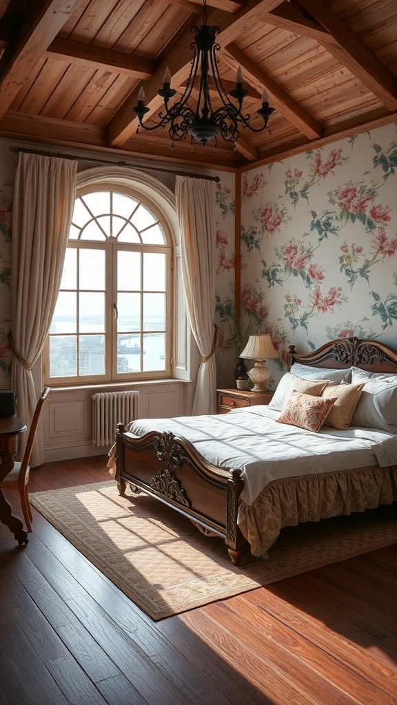 Rococo Schlafzimmer im Landhausstil mit Holzdach, floralen Tapeten und elegantem Bett