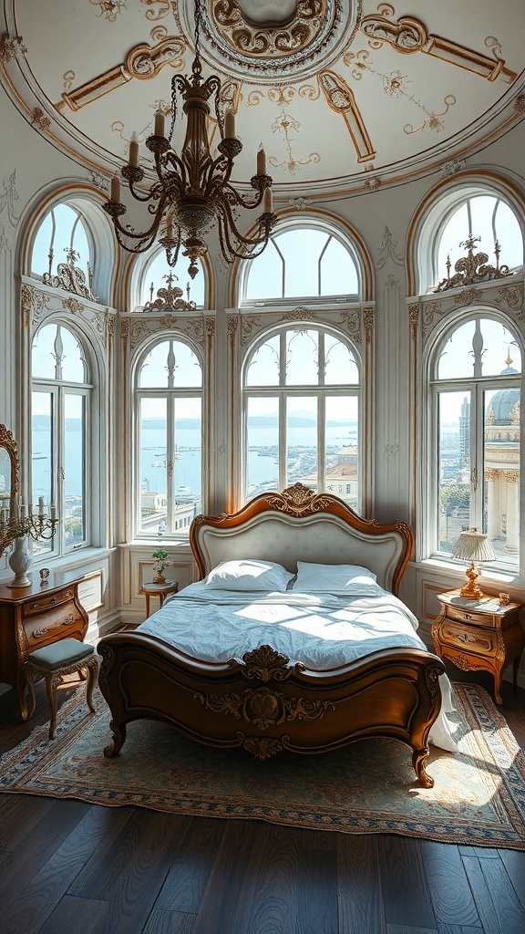 Ein luxuriöses Rococo Schlafzimmer mit einem kunstvoll gestalteten Bett, großen Fenstern und einem Kronleuchter.