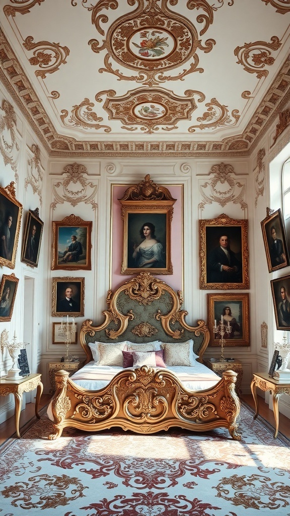Rococo Schlafzimmer mit kunstvollen Gemälden und opulentem Bett
