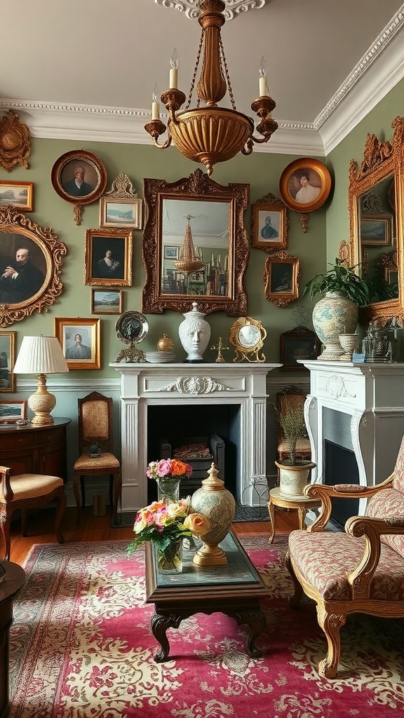 A beautifully decorated room in Rococo style featuring ornate frames, a chandelier, and vintage furniture.