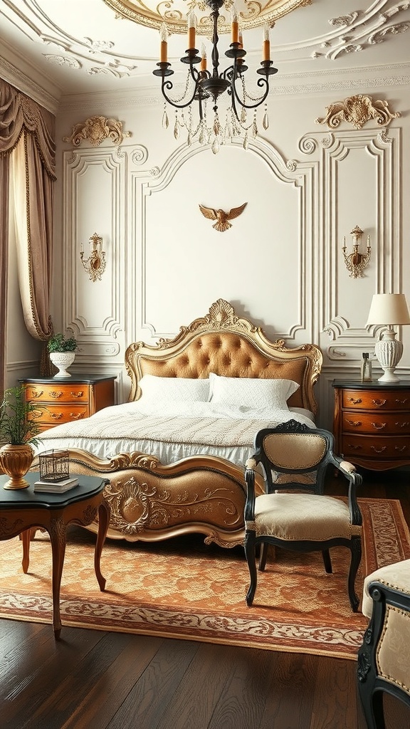 A luxurious Rococo style bedroom featuring an ornate bed, elegant chandelier, and intricate wall moldings.