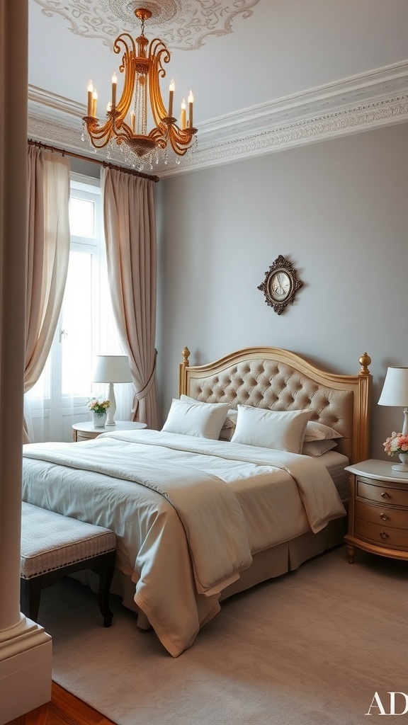 A Rococo style bedroom featuring a plush bed, ornate chandelier, and elegant decor.