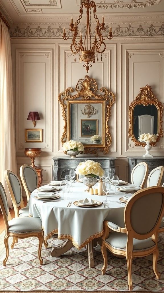 Rococo style dining room featuring ornate decor, a chandelier, and an elegant table setting.