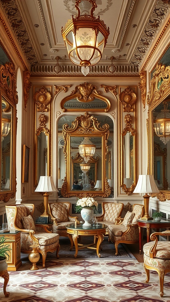 A luxurious Rococo interior featuring ornate gold mirrors and elegant furnishings.