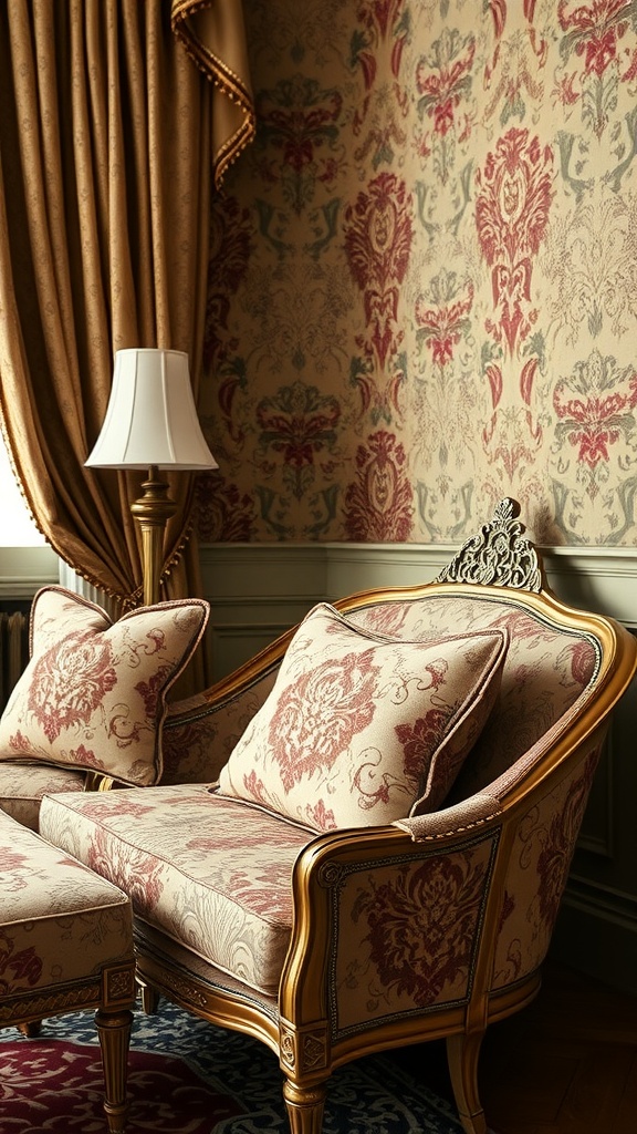 A Rococo-style living room featuring a patterned sofa, matching cushions, and ornate wallpaper.