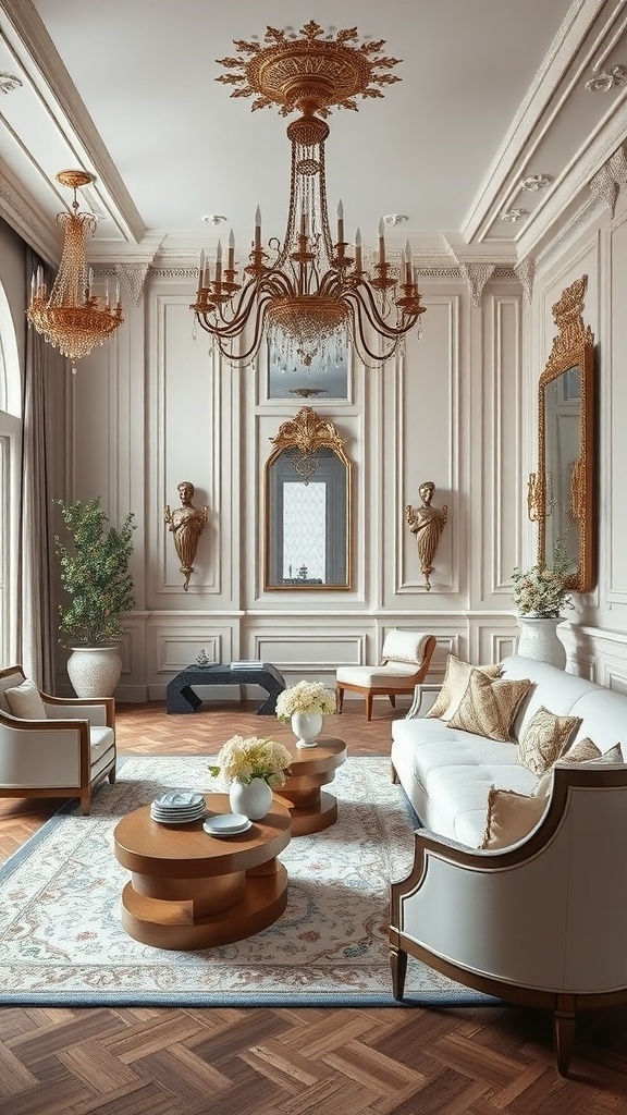 A modern interior featuring Rococo themes with elegant chandeliers, intricate moldings, and contemporary furniture.