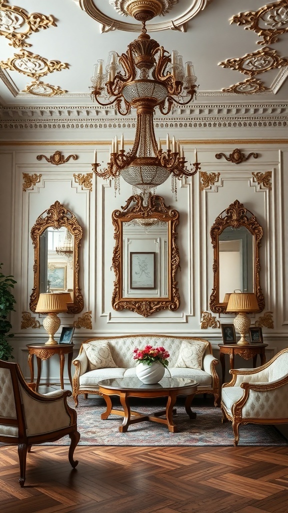 A beautifully decorated Rococo style room featuring ornate mirrors, elegant furniture, and a stunning chandelier.