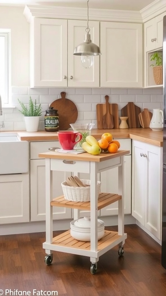 A modern kitchen featuring a rolling cart with fruits and drinks, showcasing a practical storage solution.
