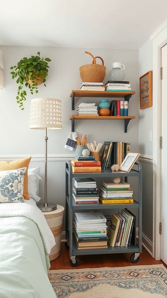 Image of rolling storage carts in a small bedroom, showcasing organization and style.