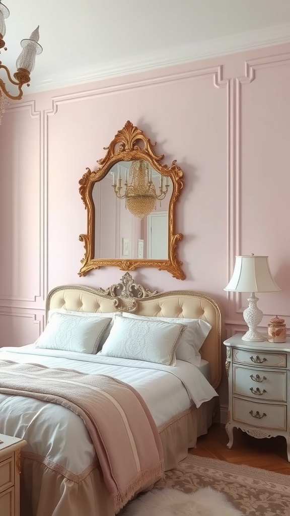A romantic bedroom featuring soft pink walls, a luxurious bed with plush pillows, and an ornate gold mirror.