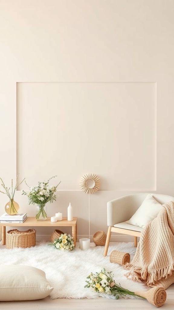 A cozy interior featuring blush and cream colors with natural elements.