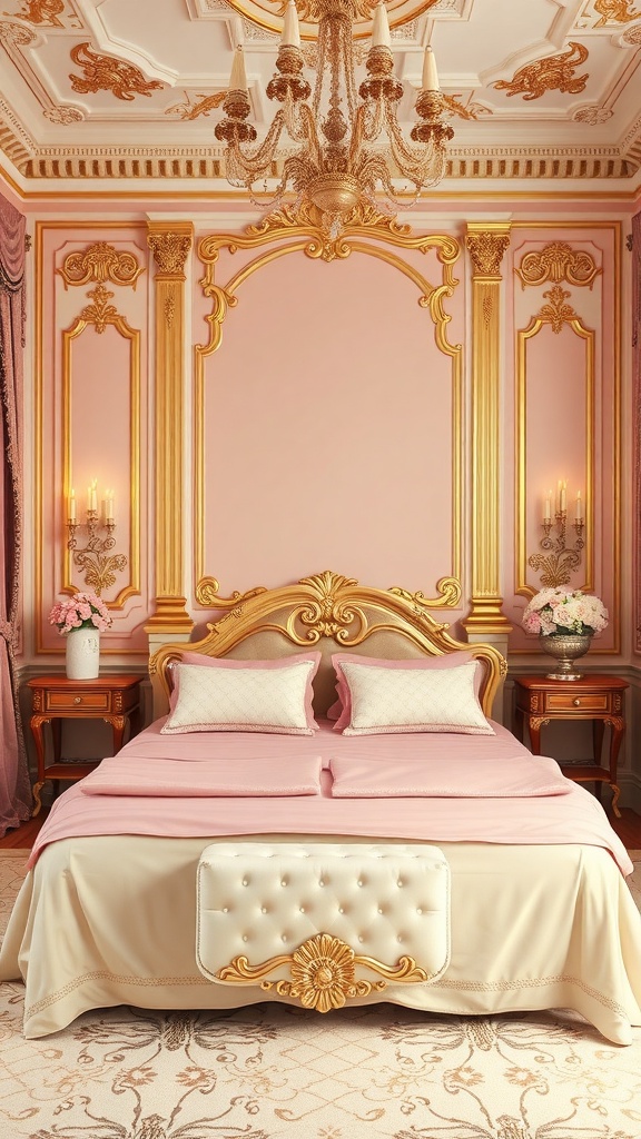 A beautifully decorated Rococo bedroom featuring soft pink walls, a luxurious bed, and elegant gold accents.