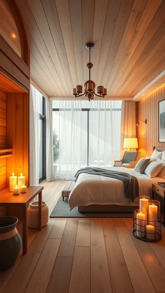A cozy bedroom with a sauna area, warm wood tones, soft lighting, and candles, creating a romantic atmosphere.