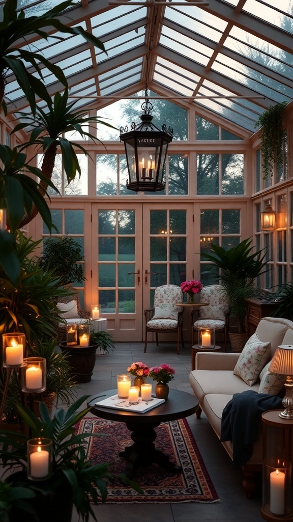 A cozy conservatory with candles, plants, and comfortable seating, creating a romantic evening setting.