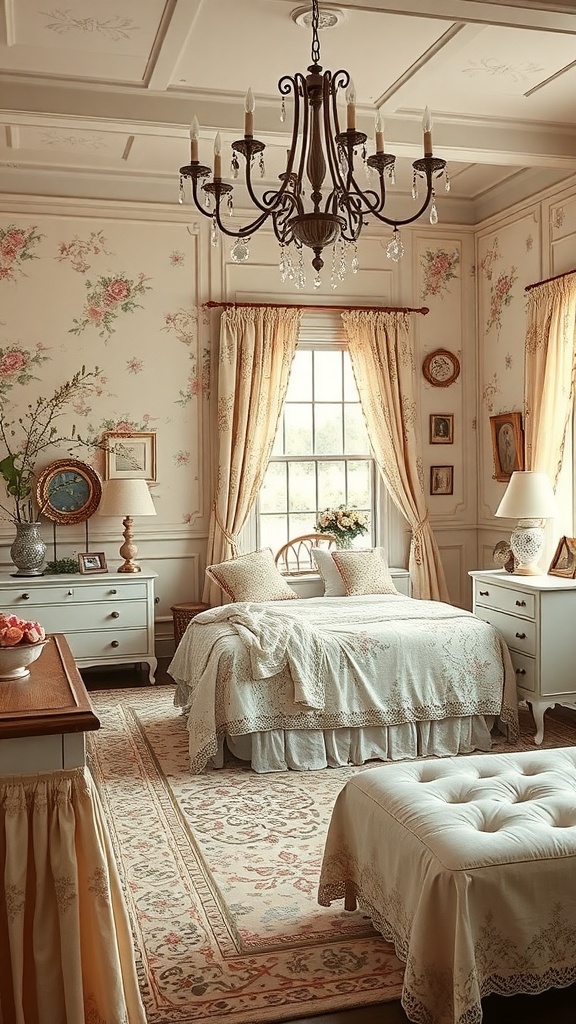 A romantic French country bedroom featuring floral wallpaper, a chandelier, and cozy bedding.