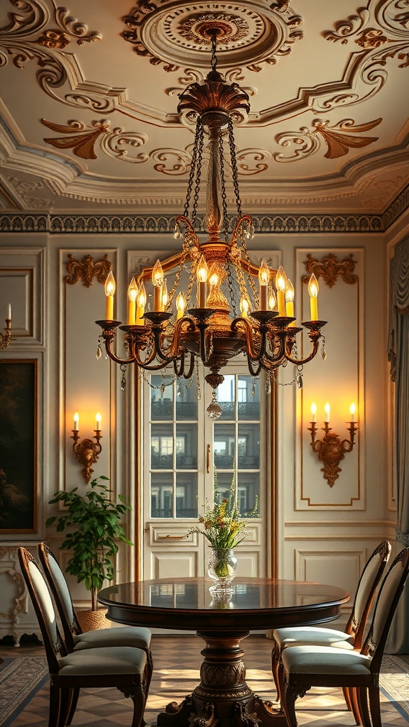 A beautifully designed Rococo chandelier hanging in an elegantly decorated room with a round table and soft lighting.