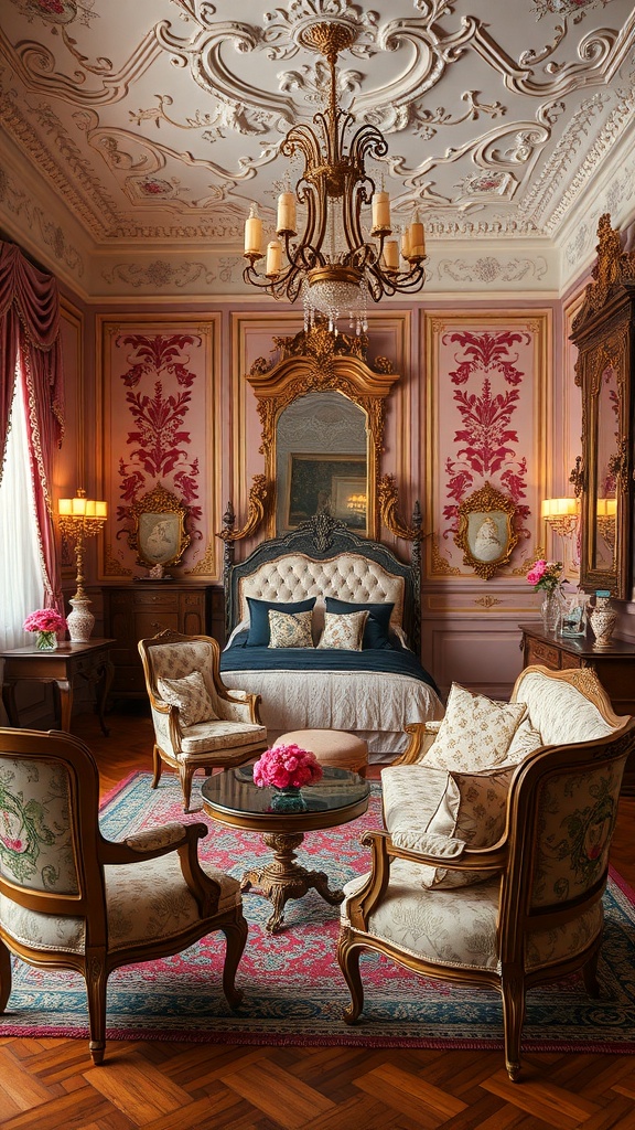 A beautifully decorated Rococo bedroom featuring elegant seating areas with floral patterns and a stylish coffee table.