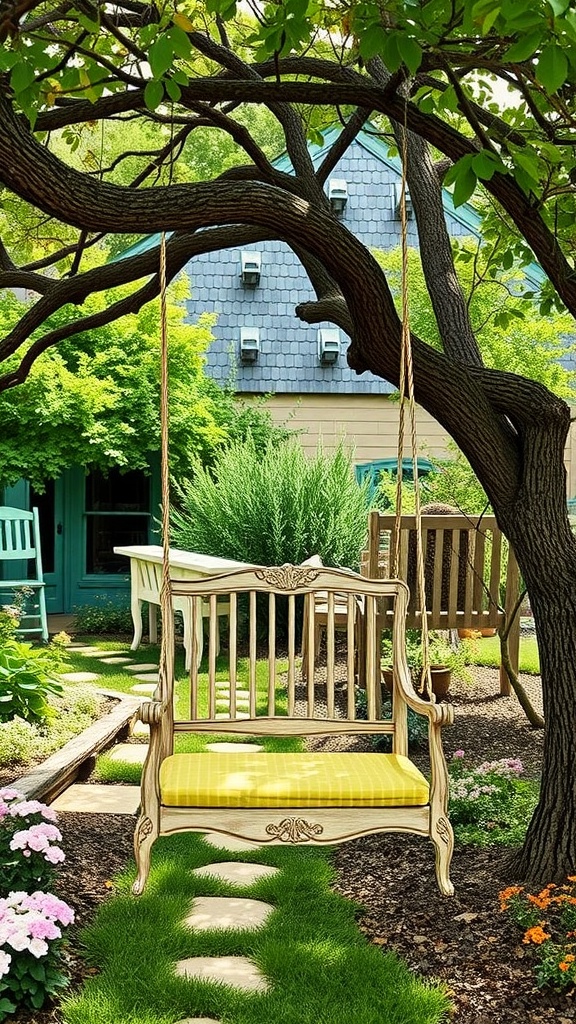 A charming swing bench with a yellow cushion hanging from a tree, surrounded by greenery and flowers.