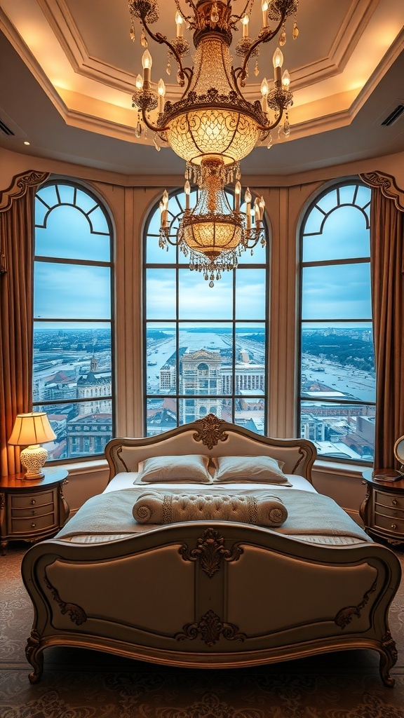 Luxuriöses Schlafzimmer im Rococo-Stil mit romantischer Beleuchtung und Blick auf die Stadt